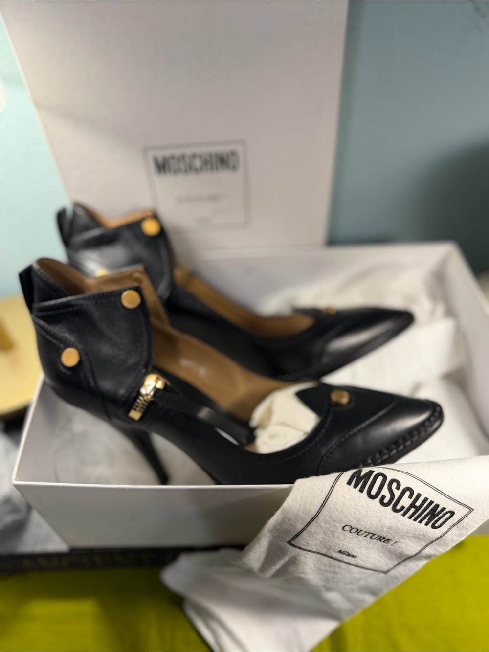Moschino Black Leather Pointed Toe Stiletto Pumps with Gold Accents